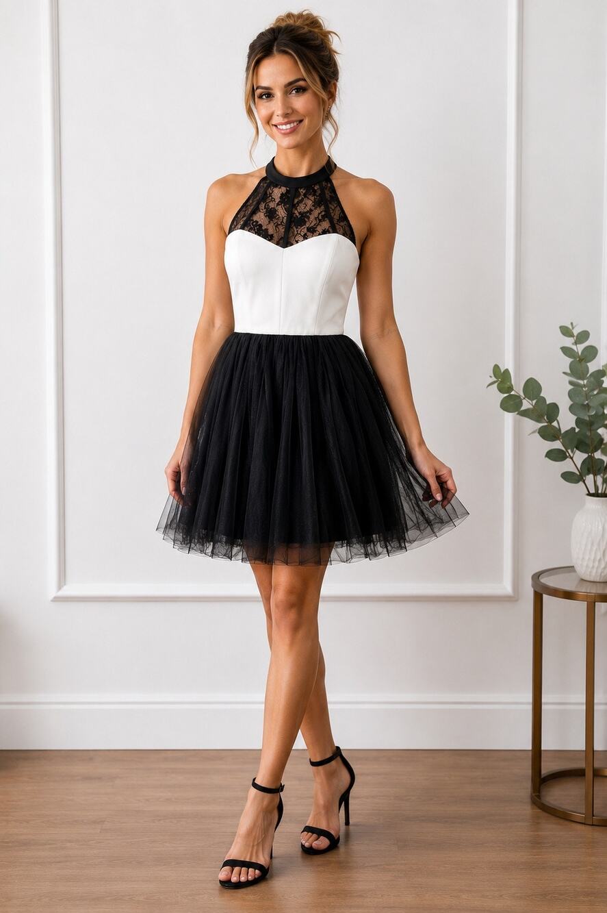 A. Drea Black & White Lace Halter Tulle Cocktail Dress Mini Party Dress Size M